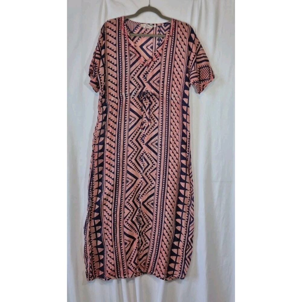 Anthropologie Dolma Cotton Pink Purple Tribal Print Midi Dress M Hand Block
